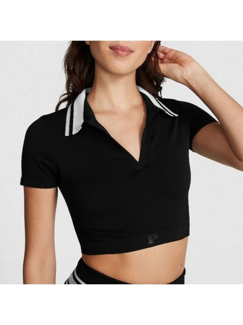 PINK Victoria's Secret Pure Black Cropped Polo Shirt Large - New With Tags